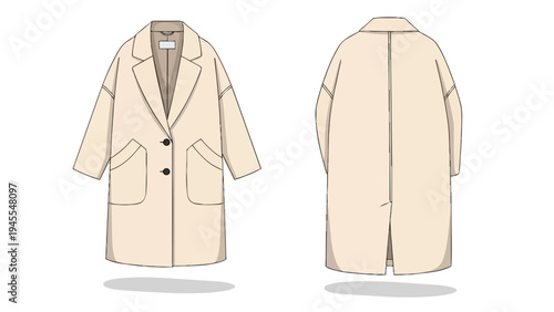 Detailed technical drawing of a contemporary women's long beige coat showcasing both front and back views for fashion design and apparel production