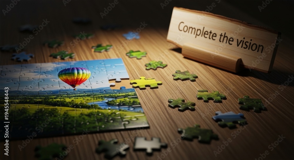 Naklejka premium Completing a Jigsaw Puzzle on a Wooden Surface
