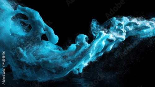 A captivating display of flowing blue smoke intricately weaves through the air, creating mesmerizing shapes against a dark background. This artistic performance showcases the beauty of movement.