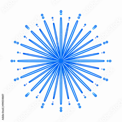 Dynamic view of a blue graphic burst exploding with radiant lines and scattered dots, captured from a frontal perspective on a crisp white canvas, illustrating energetic motion and celebration