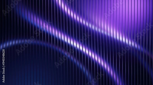 Purple neon ribbed glass abstract texture with curved glowing wave gradients and vertical reflective lines for futuristic design