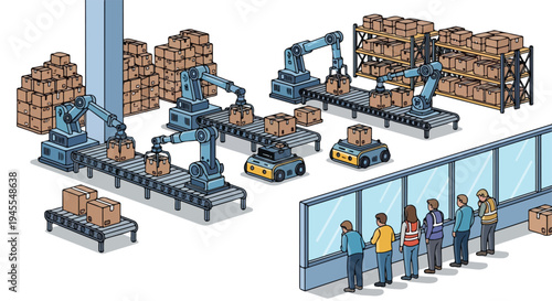 Flat 2D illustration of a warehouse interior with robotic arms handling cardboard boxes on conveyor belts and workers observing from a glass-walled control room, depicting a modern concept related to
