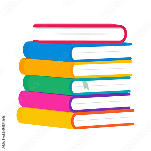 A vibrant arrangement of colorful books stacked horizontally with visible spines, a green bookmark between titles, captured on a plain white studio backdrop from a frontal viewpoint