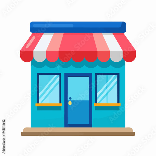 Cheerful cartoon illustration of a bright teal storefront with red‑white striped awning, blue door and striped windows, viewed straight on against a clean white backdrop