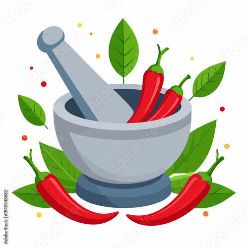 Dynamic illustration of a gray mortar and pestle crushing vibrant red chili peppers amidst fresh green leaves, captured from a close-up perspective for a culinary logo design