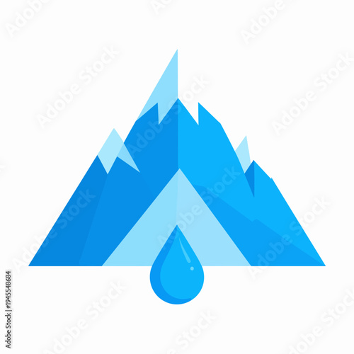 Viewing a stylized blue mountain range with a water droplet at its base in a minimalist illustration, captured from a frontal perspective to highlight calm serenity