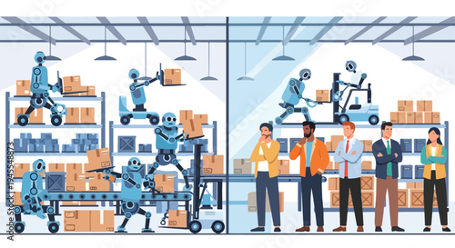 Flat 2D illustration of people working with AI robots in a warehouse to address unemployment through automation and efficient logistics operations.
