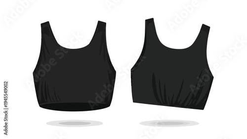 Sleek black athletic sports bra vector template showcasing front and back views on white