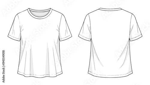 Fashion technical flat drawing of a short-sleeve women's basic round neck t-shirt featuring clear front and back views. A versatile apparel design
