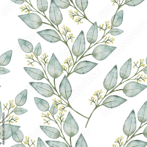 This seamless pattern features delicate green leaves and yellow flowers arranged on a white background. It is suitable for textile design, wrapping paper, and children clothing. The simple botanical e