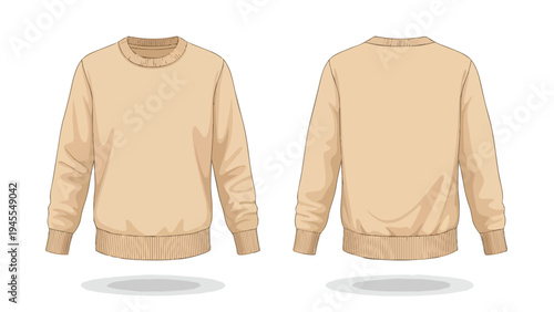 Versatile light beige long-sleeve crewneck sweater flat technical fashion illustration showcasing both front and back views, ideal for apparel