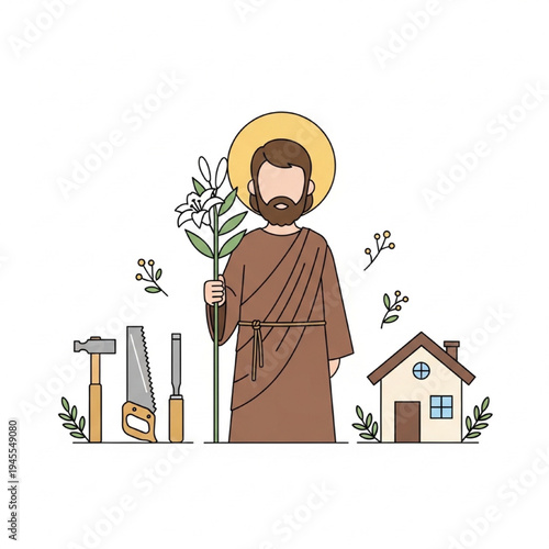 Saint Joseph Vector Illustration, Holding Lily with Carpentry Tools and House, Minimalist Flat Design