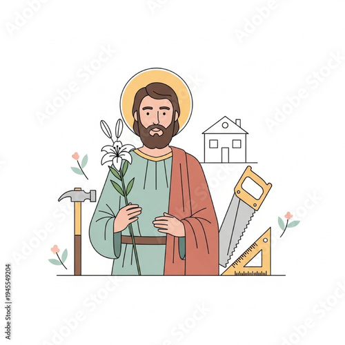 Saint Joseph Vector Illustration, Holding Lily with Carpentry Tools and House, Minimalist Flat Design