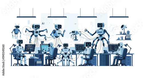 Flat 2D illustration of robots and humans working together in an office setting with a concept of AI and unemployment.