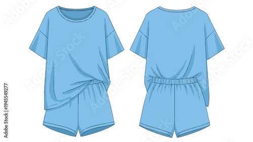 Serene blue loungewear flat sketch displaying a loose-fit short-sleeve t-shirt and casual elastic shorts presented with both front and rear views