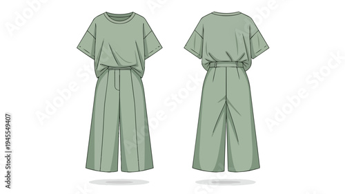 Light green casual two-piece apparel illustration showcasing a relaxed fit short sleeve top and wide-leg trousers a versatile and comfortable