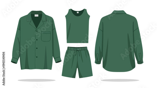 Green casual clothing set with a button-up shirt, tank top, and shorts