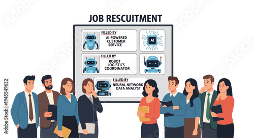 Flat 2D illustration of diverse business professionals standing in front of a job recruitment board with a concept for unemployment solutions.