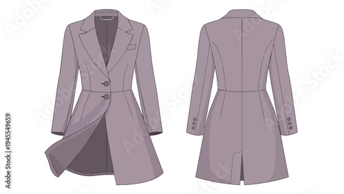 Elegant women's long sleeve coat design with front and back views, featuring a tailored fit, lapel collar, button closures, and waist detail,