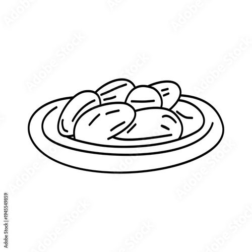 A simple, minimalist line drawing of a plate filled with oval-shaped food items, likely dates or olives, presented on a white background