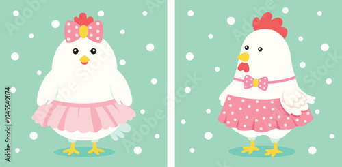 A playful pastel illustration set featuring a cute chick and a hen wearing pink dresses with polka dots on a mint background with white dots for Easter greeting cards