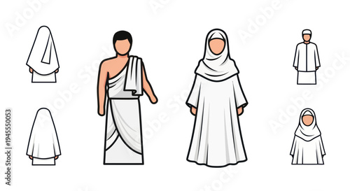 Vector icon set of Muslim pilgrims a man and woman dressed in traditional white Ihram for Hajj or Umrah.
