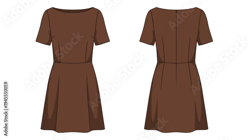 Elegant brown short-sleeve dress flat sketch perfect for fashion design projects a timeless knee-length silhouette ideal for apparel template and