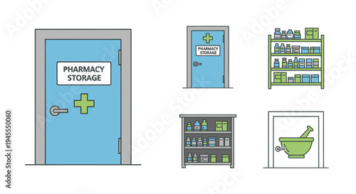 Illustrated Pharmacy Door with Sign and Green Cross Symbol.