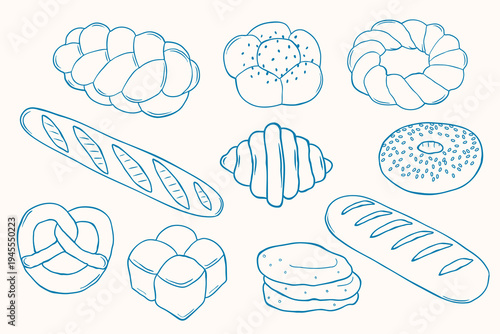 Hand drawn bakery elements collection in simple doodle line style. Bread and pastry set including braided bread, baguette, croissant, bagel, pretzel, pita sandwich and bread rolls. Perfect for bakery 