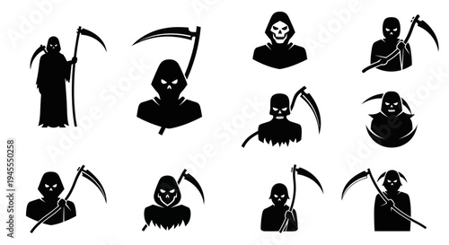 Collection of Grim Reaper silhouettes with scythes symbolizing death and mortality.
