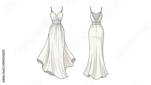 Elegant flowing white evening gown fashion flat sketch with spaghetti straps and a low V-back