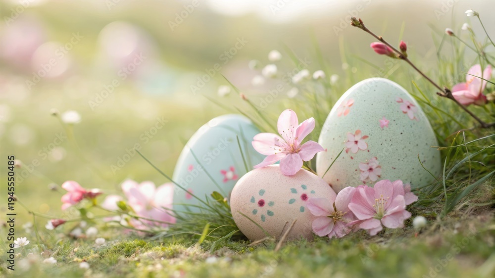 Fototapeta premium Beautiful Easter Eggs and Pink Blossoms on Soft Green Grass in Spring Nature Scene