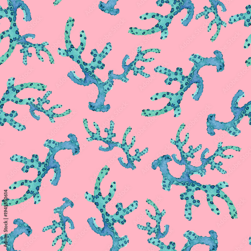 Fototapeta premium A seamless watercolor pattern with blue corals on a pink background. Hand-drawn nautical style.