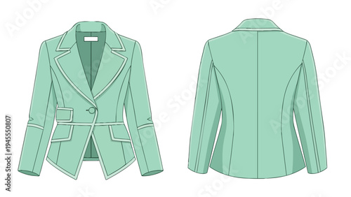 Chic women's mint green blazer technical flat design, showcasing tailored silhouette, lapels, and detailed piping