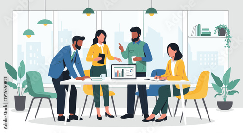 Diverse business team collaborating in a modern office setting, analyzing financial data and discussing strategic plans for project development and corporate growth