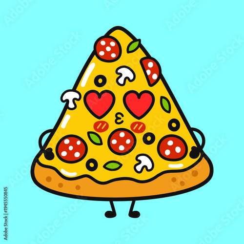 Cute cartoon pizza slice with heart eyes