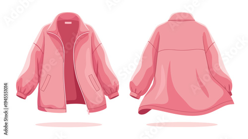 A charming pink leisure jacket illustration, displaying its relaxed form from both front and rear views, ideal for comfortable fashion and modern