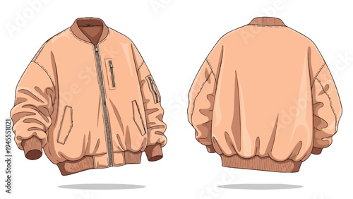 This illustration displays a trendy oversized peachy bomber jacket, presented with both its front and back views for comprehensive design reference.