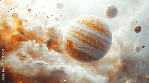 Exploded diagram of planetary components forming through accretion of space materials white background 