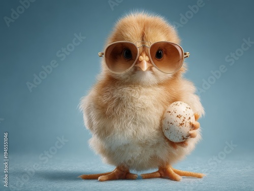 A small chick stands on a light blue background wearing sunglasses. It holds a spotted egg in one hand. The chick appears curious and playful, creating a fun moment.