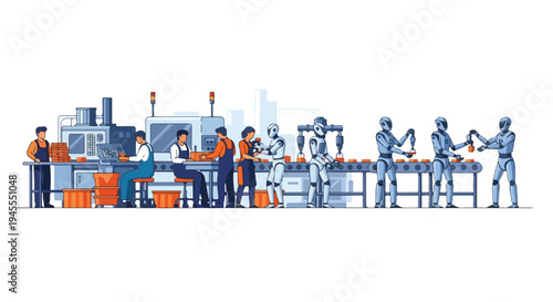 Flat 2D illustration of people working in an industrial setting with a concept related to AI and unemployment.
