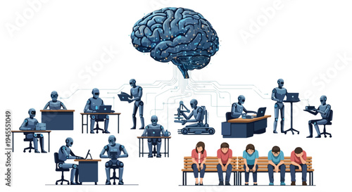Flat 2D illustration of people working at desks and sitting on a bench with a large brain above them, representing the concept of AI and unemployment in a modern editorial style against a clean white
