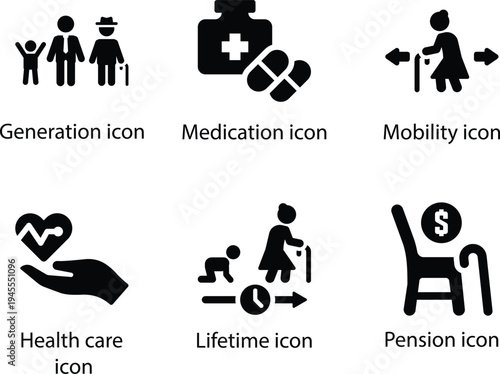 Health care, Lifetime, Pension, Generation, Medication, Mobility, Black Icon Set