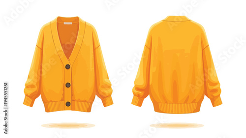 Vibrant yellow knitted cardigan garment front and back view illustration isolated on white background depicting casual autumn fashion apparel