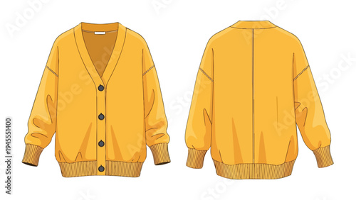Vibrant golden yellow oversized v-neck button cardigan illustration with ribbed cuffs and hem front and back views for modern casual fashion apparel