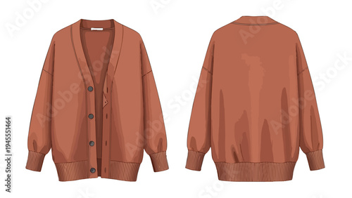 Stylish oversized terracotta brown knit cardigan fashion illustration featuring front and back views for design templates