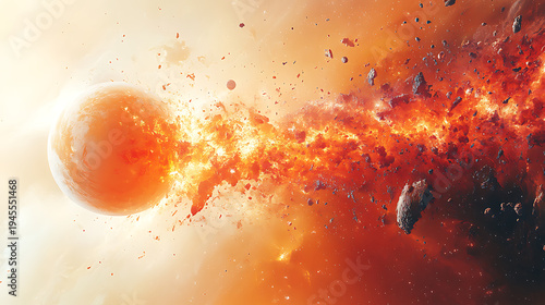 Exploded diagram of planetary components forming through accretion of space materials white background 