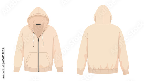 Comfortable cream colored full-zip hoodie vector template showcasing front and back views isolated on white a versatile apparel design for modern