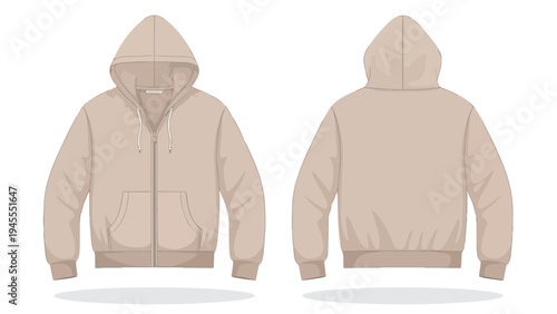 Detailed vector illustration of a versatile light beige full-zip hooded sweatshirt presented with both front and rear perspectives for fashion