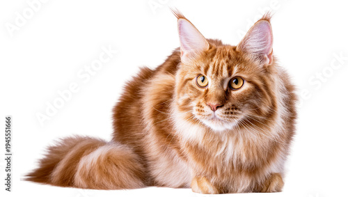 Isolated majestic ginger Maine Coon cat with long fluffy fur and prominent ear tufts.